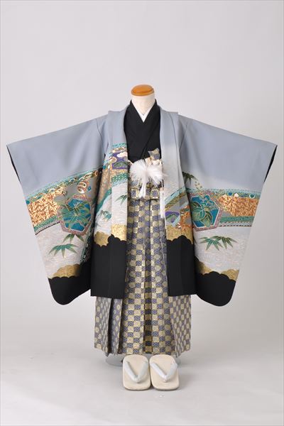 五歳祝着セット(灰色、黒地・鷹、流水、宝づくし)