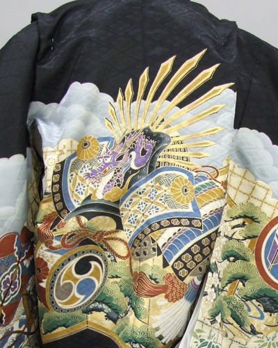 五歳祝着セット(黒光沢地・兜、屏風、小太鼓)