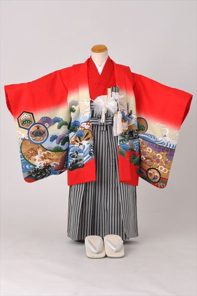 五歳祝着セット(鮮やかな赤地・兜、鶴、源氏車)