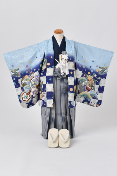 五歳祝着セット　Sサイズ（水色と青の市松模様）