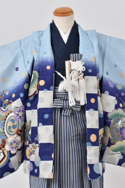 五歳祝着セット　Sサイズ（水色と青の市松模様）