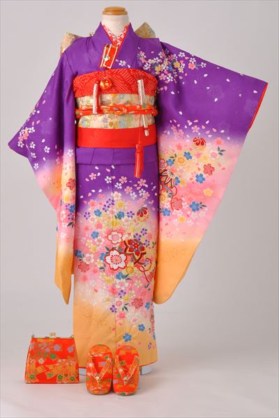 七歳祝着(紫に黄色のボカシ地・桜とてまり)
