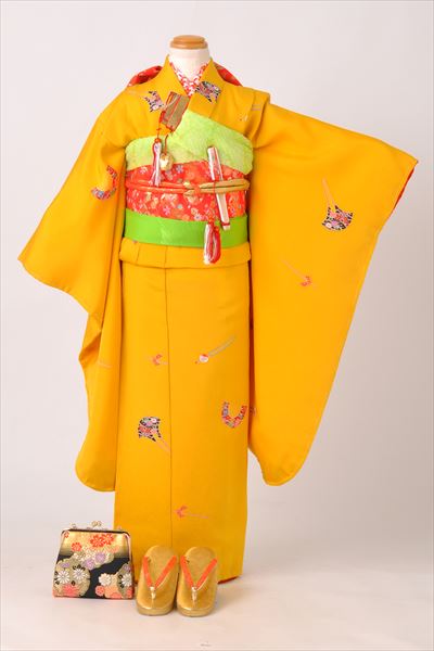 七歳祝着(黄色地・かんざし・正絹)
