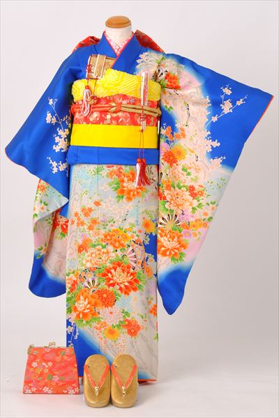 七歳祝着(青地・花車・正絹)