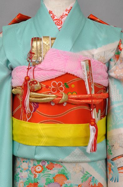 七歳祝着(ミントブルー地・花車・正絹)