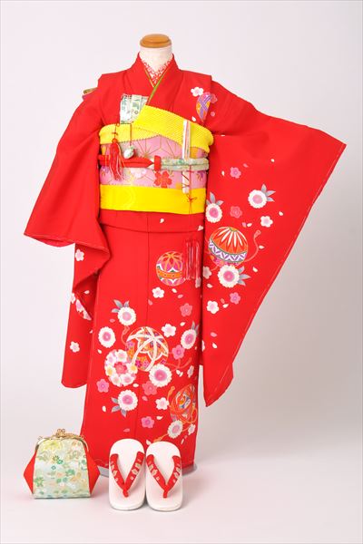 7歳祝着セット［正絹・赤・桜・手鞠］