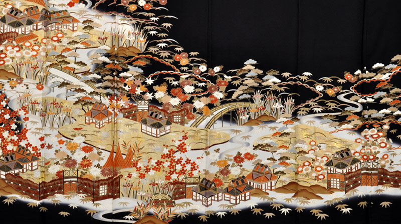 振袖(黒と白の染め分け地・御所解模様)