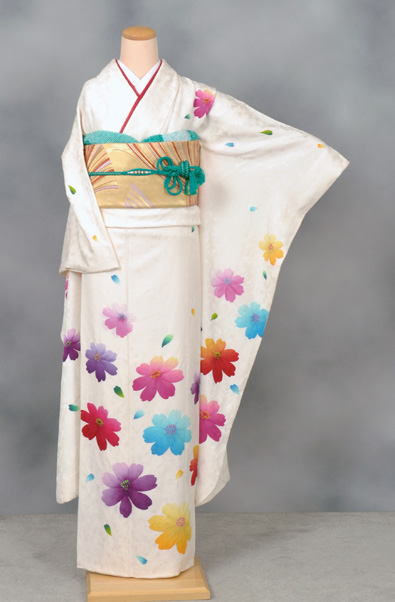 振袖(白地・色とりどりの花)