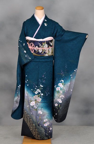 振袖(深緑地・ピンクの小花)