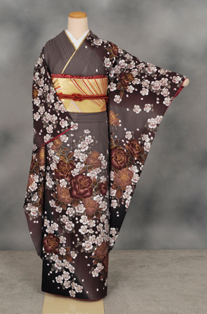 振袖(グレー地・茶色と白の花)