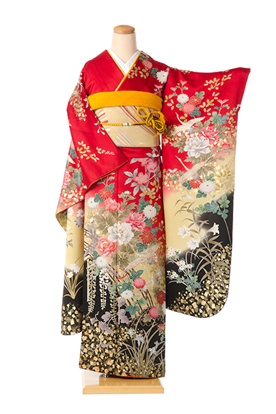 振袖(赤地・鶴に花々)