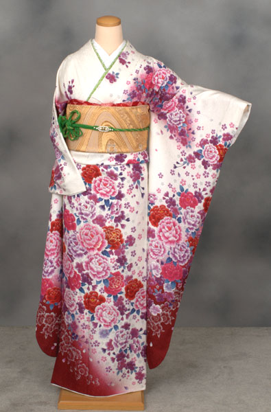振袖(白に赤ボカシ地・花]