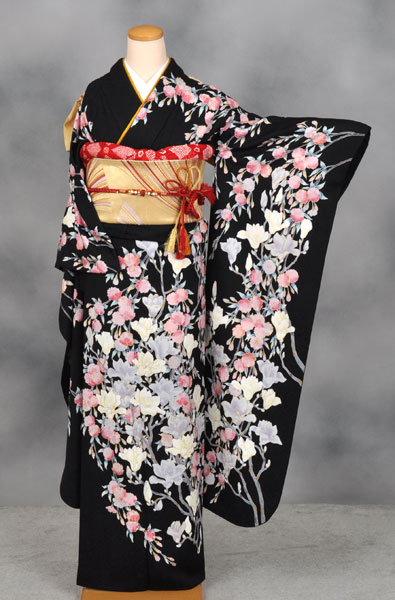 振袖(黒地・しだれ桜と木蓮)