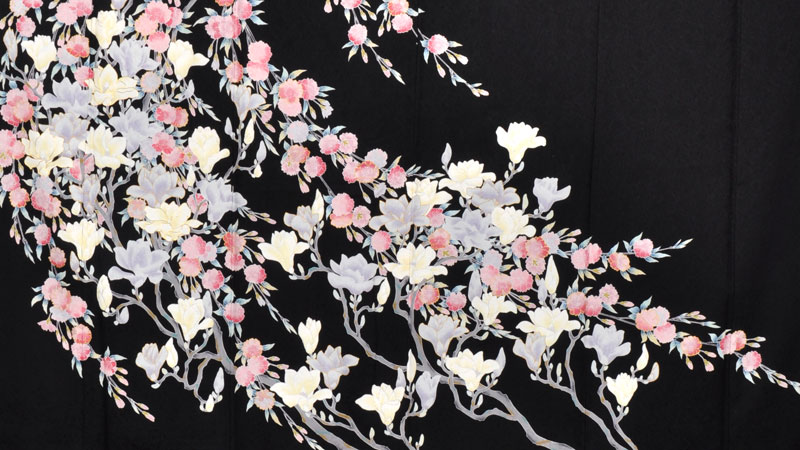 振袖(黒地・しだれ桜と木蓮)