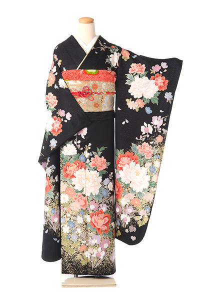 振袖(黒地・大小の花々)