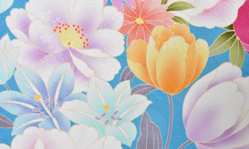 振袖[水色地に大輪の花と星]