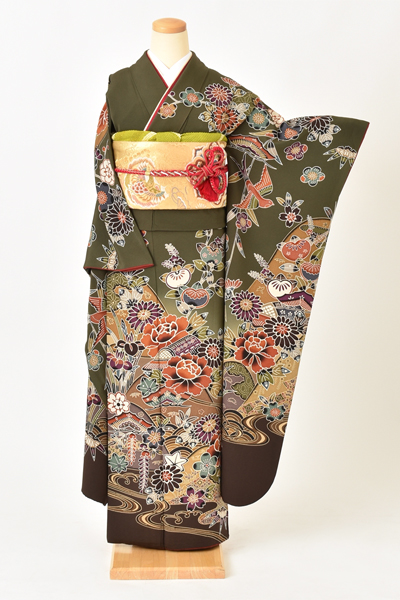 振袖[深緑・紅型風]