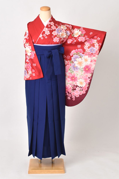 卒業袴(赤地・花々着物/紺無地袴)