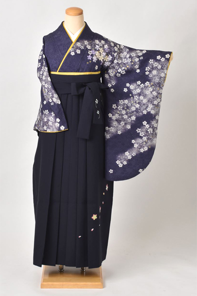 卒業袴(紺地、ラメ・さくら着物/紺地桜プリント袴)