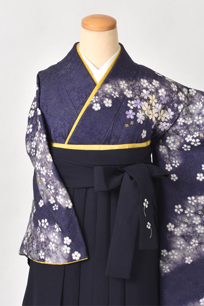 卒業袴(紺地、ラメ・さくら着物/紺地桜プリント袴)