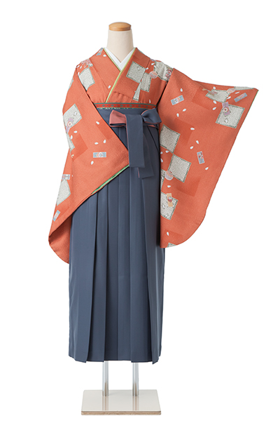 卒業袴(渋オレンジ地・市松、玩具着物/グレー袴)