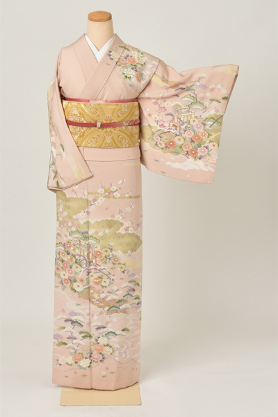訪問着［上品なピンク色に御所車・菊・松・梅］