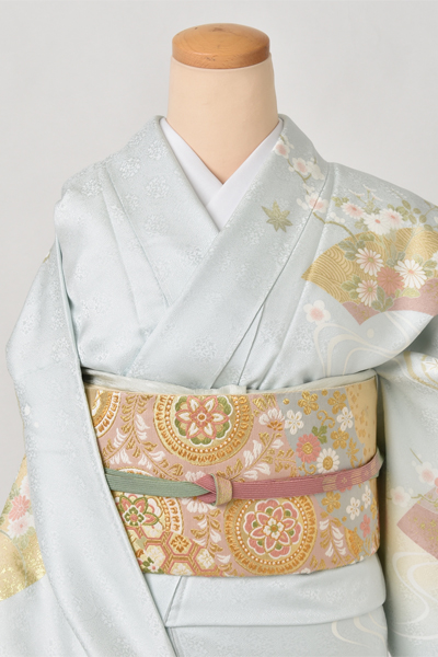 訪問着［薄水色と地紙にぼたん］