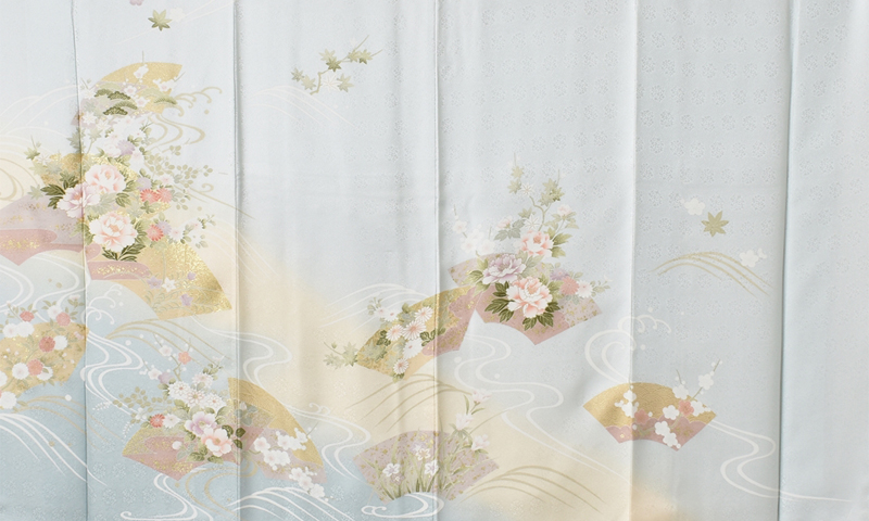 訪問着［薄水色と地紙にぼたん］