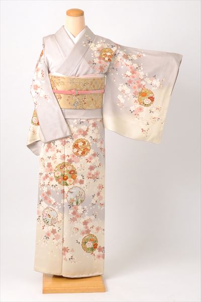 訪問着[淡いグレー雪輪と桜]