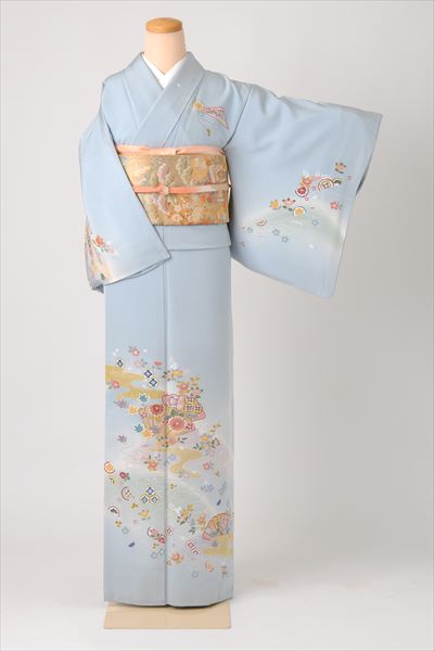 訪問着[水色に檜扇に遠山]