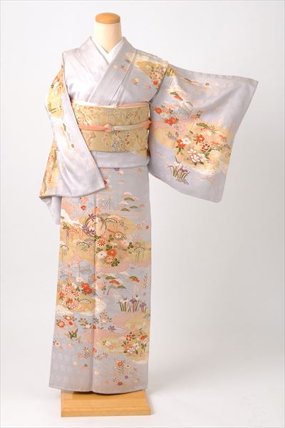 訪問着[淡いグレーに四季草花]