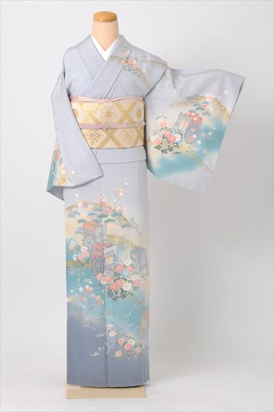 訪問着[水色とグレーに花車]