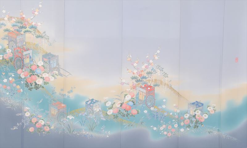訪問着[水色とグレーに花車]