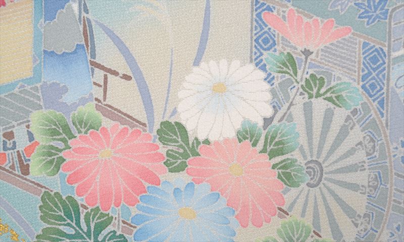 訪問着[水色とグレーに花車]