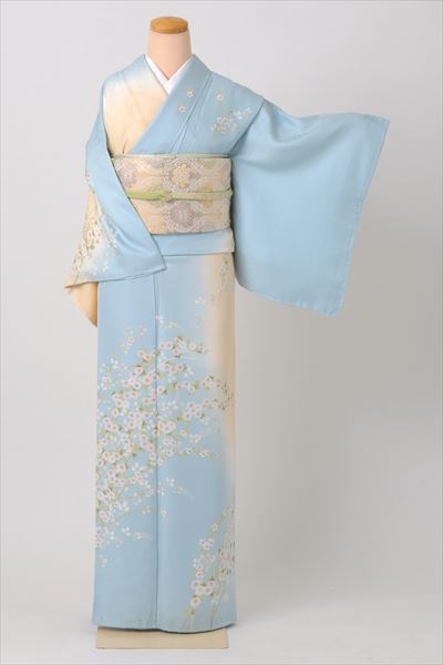 訪問着[空色とたまご色に小菊と萩・桔梗]