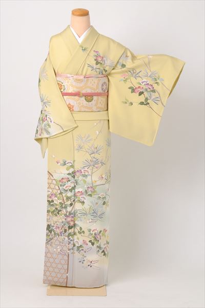 訪問着[若竹色に花かご、花模様　]