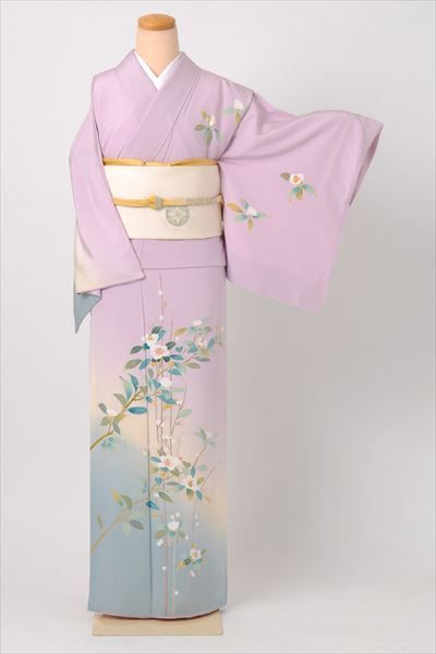 訪問着[桃花色に椿]