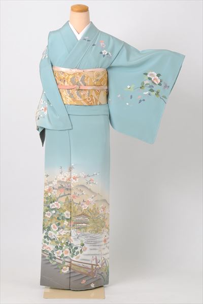 訪問着[空色に桜・椿・京名所]