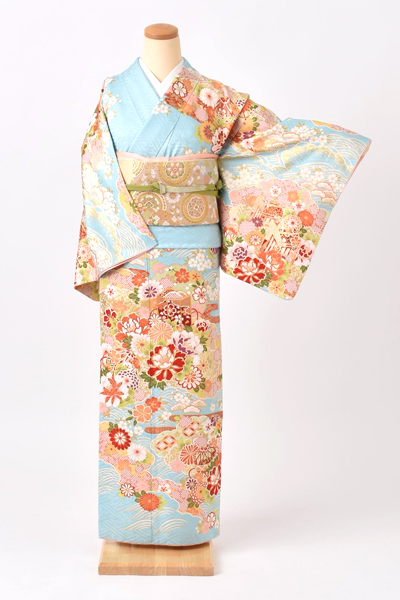 訪問着[水色・貝桶、牡丹]