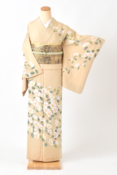 訪問着[黄褐色・山茶花]