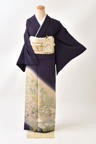 色留袖(紺のボカシ地・庭園風景)