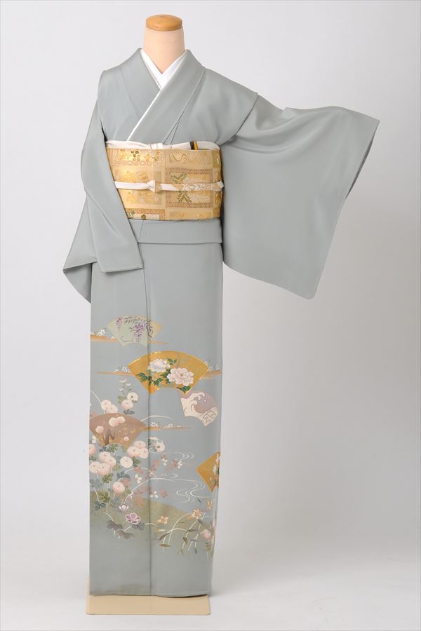 色留袖[灰青色に地紙扇面、四季草花]