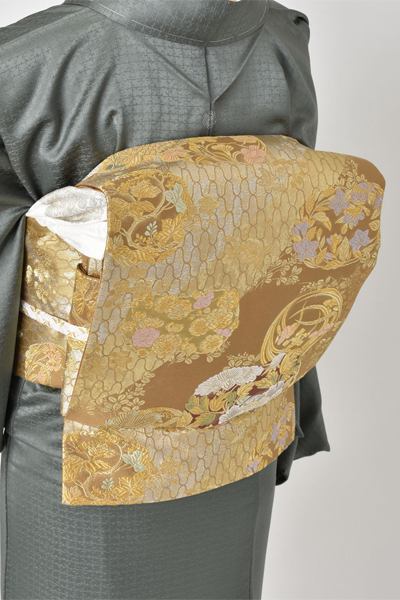 色留袖[光沢ある深緑色と鶴・松]