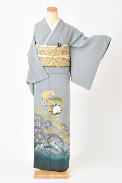 色留袖[灰青色・扇面松]