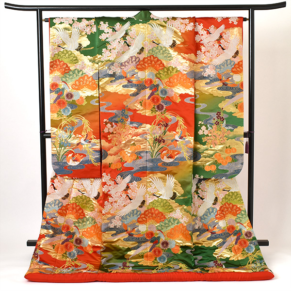 打掛(朱赤と緑地・鶴に花々)