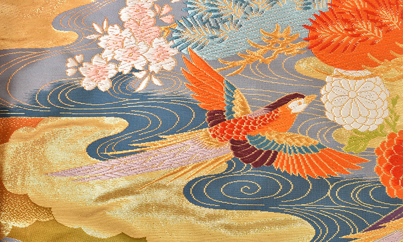 打掛(朱赤と緑地・鶴に花々)