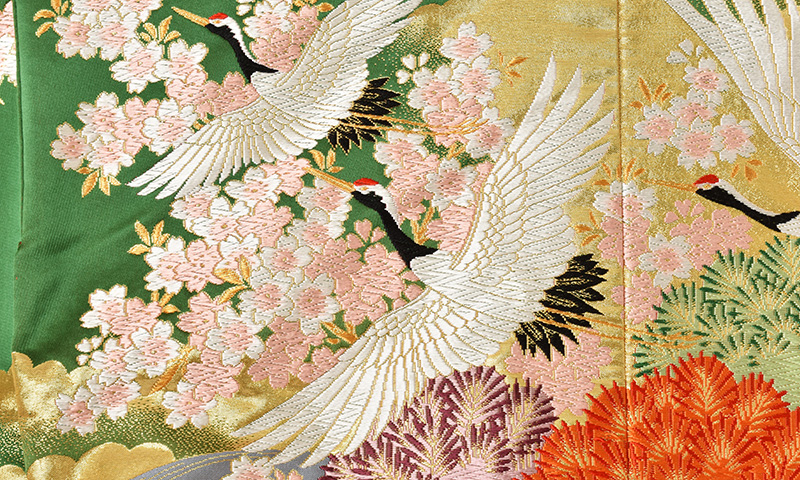打掛(朱赤と緑地・鶴に花々)