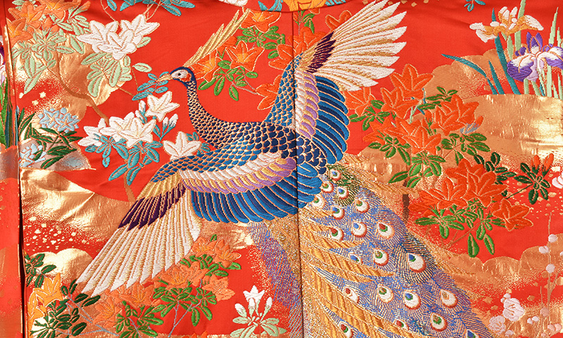 打掛(赤、金、黒地・孔雀)