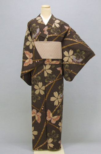 小紋(焦げ茶地・花と蝶々)
