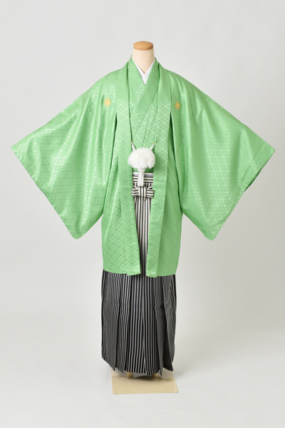 紋付袴[黄緑紋付・袴縞]